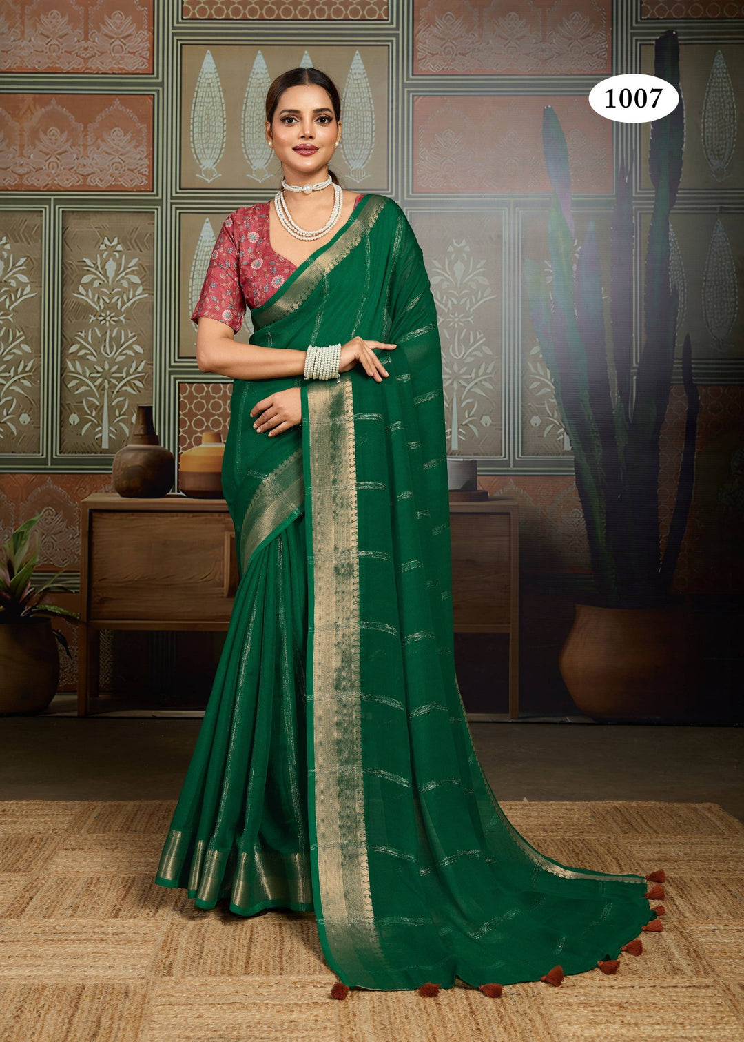 Premium Tusser Weaving Saree with Zari Border &amp; Digital Blouse - GREEN