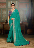 Premium Tusser Weaving Saree with Zari Border & Digital Blouse -SKY BLUE