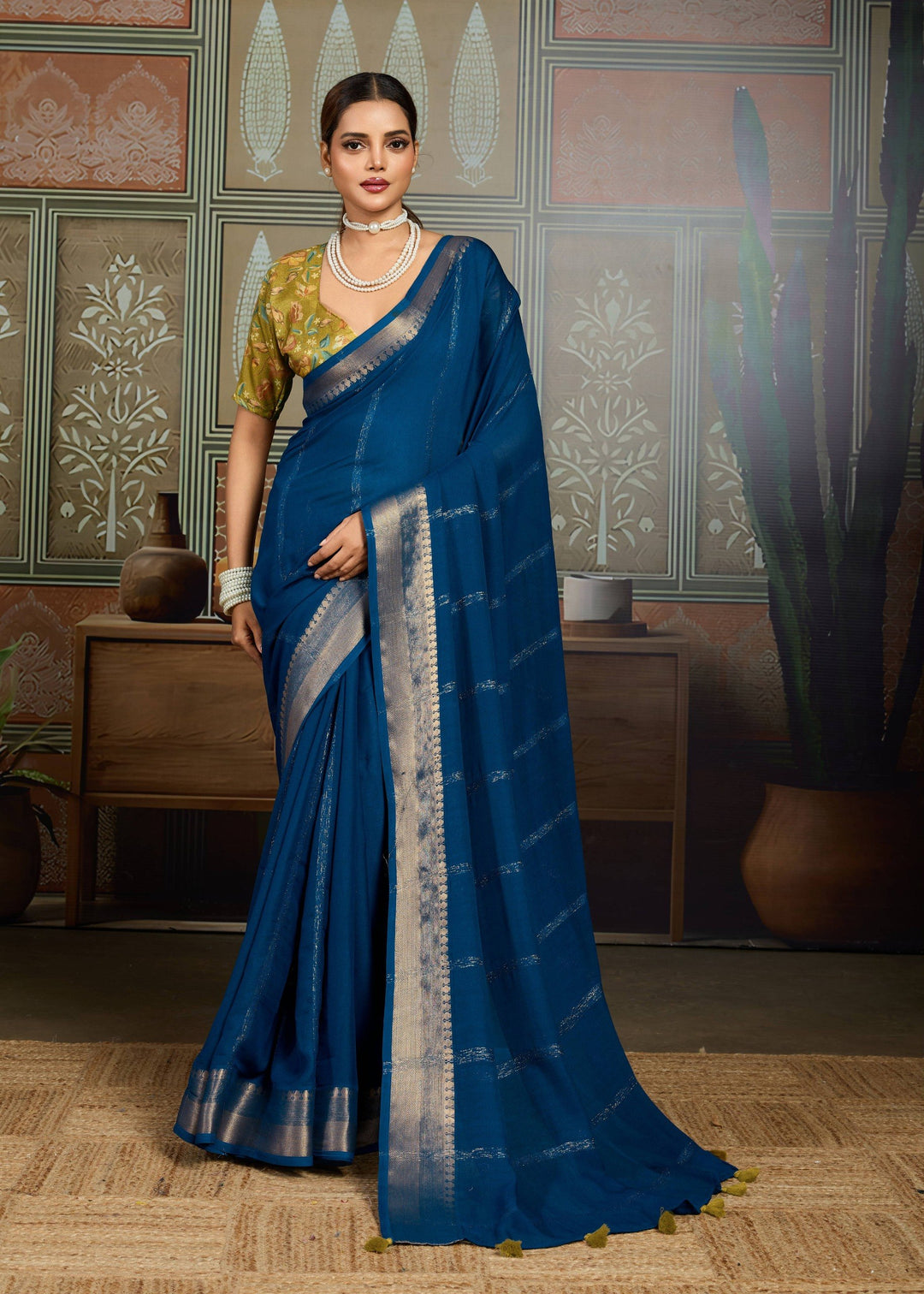 Premium Tusser Weaving Saree with Zari Border &amp; Digital Blouse - BLUE