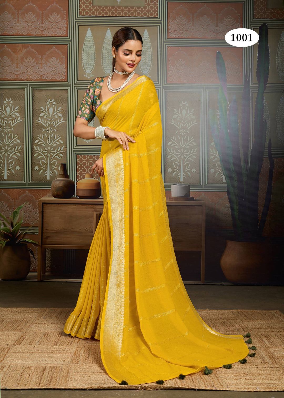 Premium Tusser Weaving Saree with Zari Border &amp; Digital Blouse - YELLOW