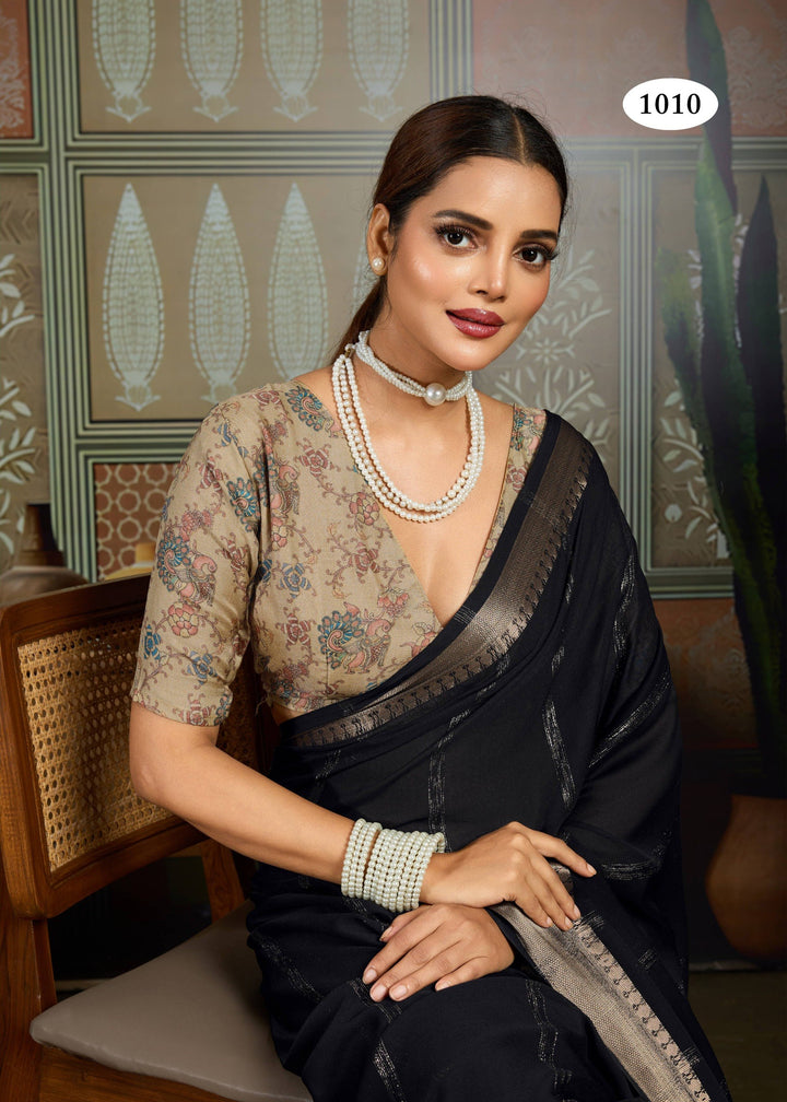 Premium Tusser Weaving Saree with Zari Border &amp; Digital Blouse -BLACK