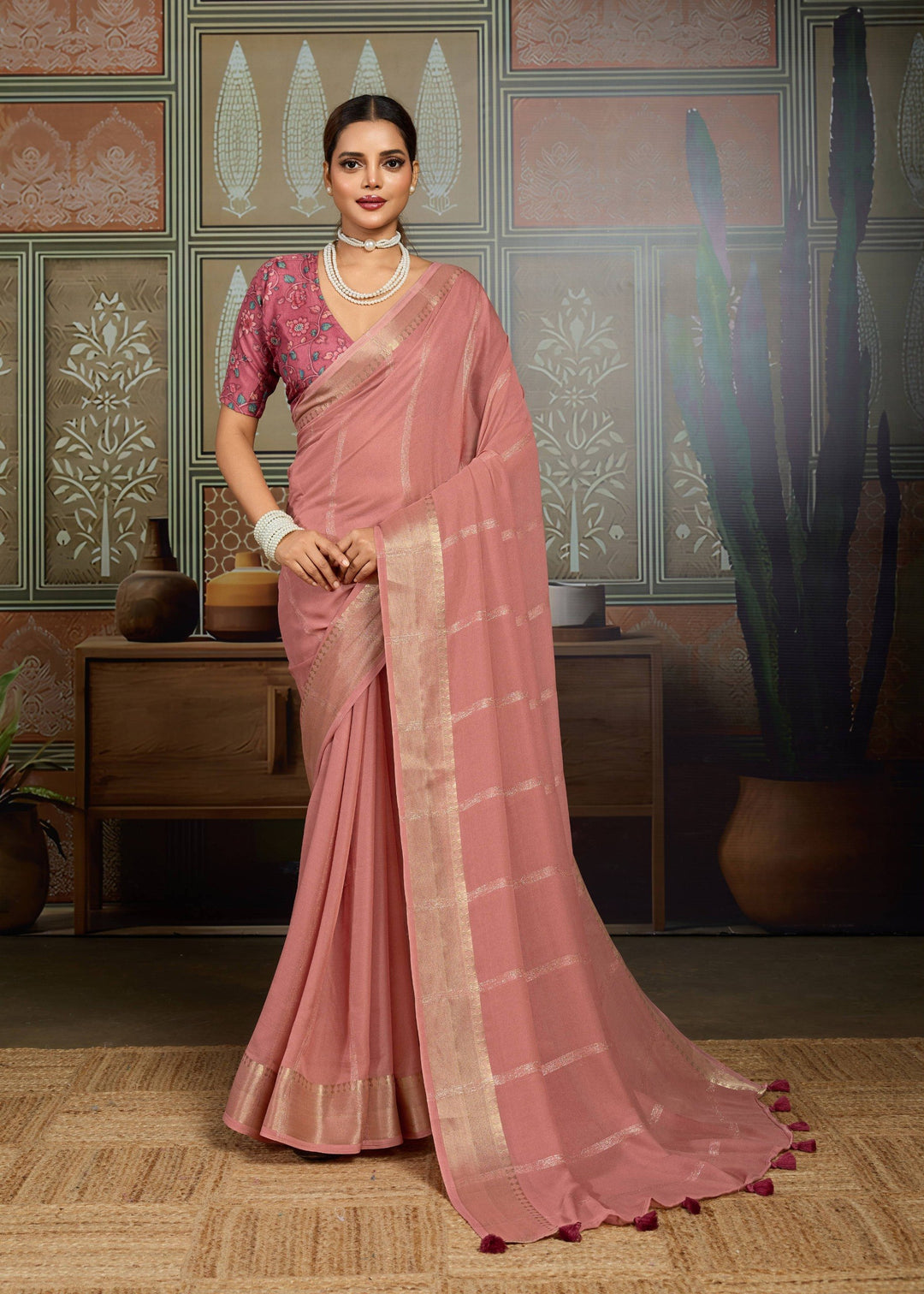 Premium Tusser Weaving Saree with Zari Border &amp; Digital Blouse - BABY PINK