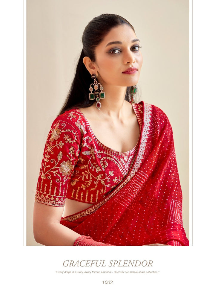 Premium Georgette Bandhani Print Saree with Sequin Embroidery Border &amp; Heavy Designer Blouse - RED