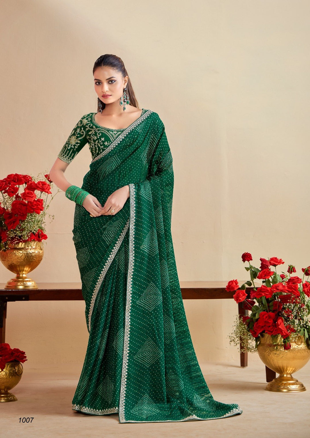 Premium Georgette Bandhani Print Saree with Sequin Embroidery Border &amp; Heavy Designer Blouse - GREEN