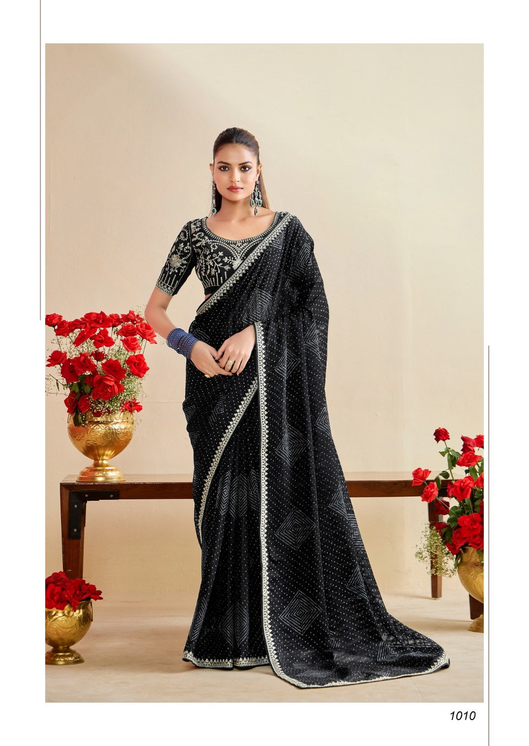 Premium Georgette Bandhani Print Saree with Sequin Embroidery Border &amp; Heavy Designer Blouse -BLACK