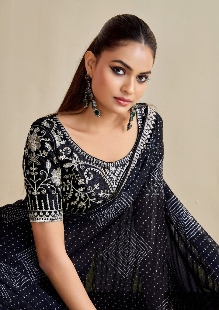 Premium Georgette Bandhani Print Saree with Sequin Embroidery Border &amp; Heavy Designer Blouse -BLACK
