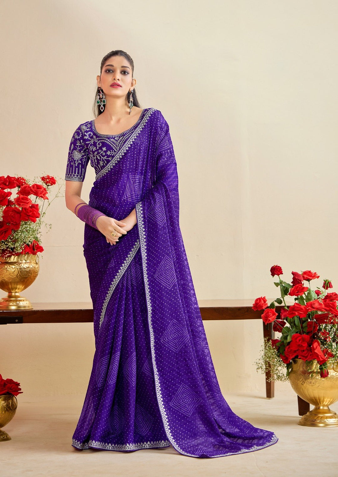 Premium Georgette Bandhani Print Saree with Sequin Embroidery Border &amp; Heavy Designer Blouse - PURPLE