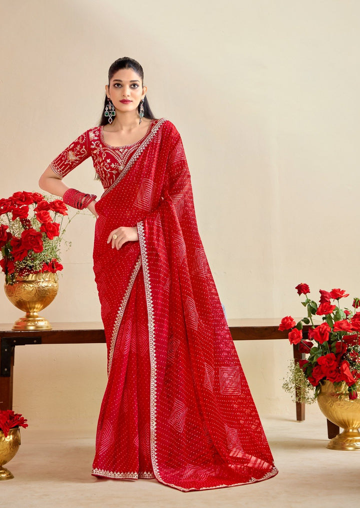 Premium Georgette Bandhani Print Saree with Sequin Embroidery Border &amp; Heavy Designer Blouse - RED