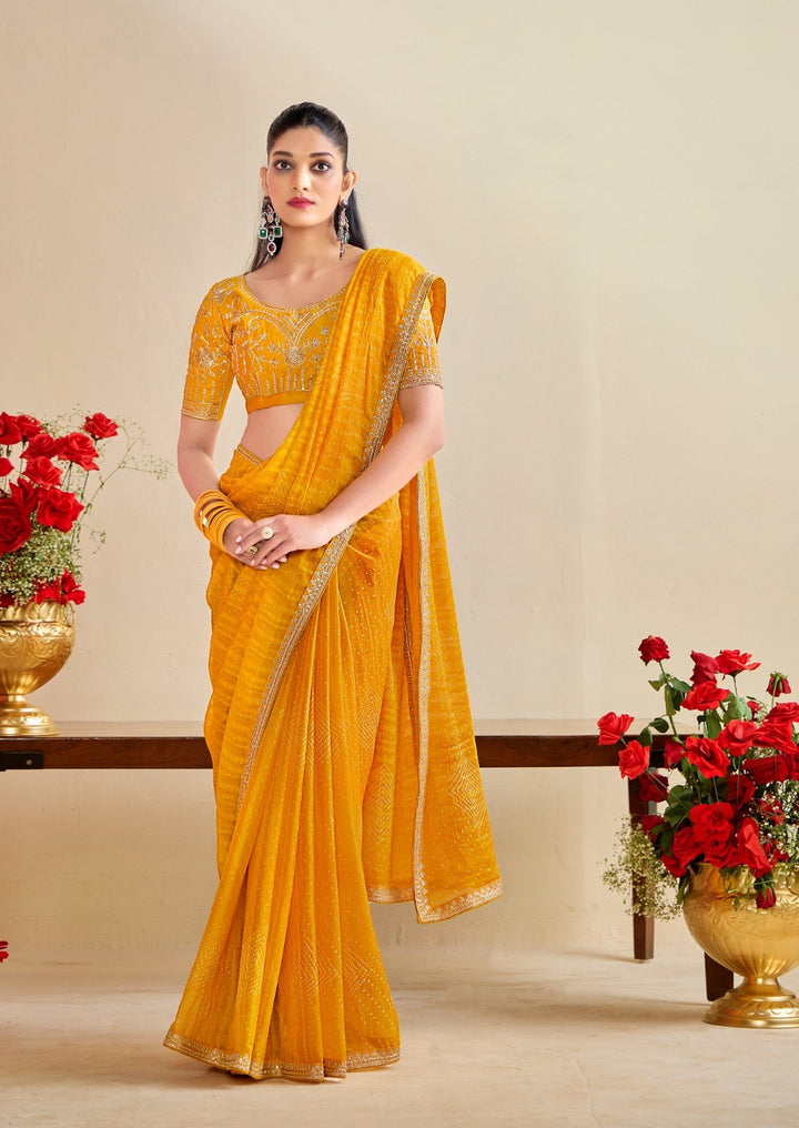 Premium Georgette Bandhani Print Saree with Sequin Embroidery Border &amp; Heavy Designer Blouse - YELLOW