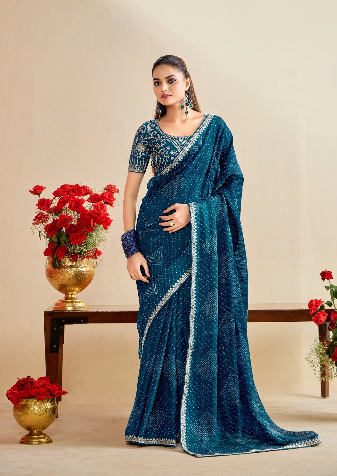 Premium Georgette Bandhani Print Saree with Sequin Embroidery Border &amp; Heavy Designer Blouse -BLUE