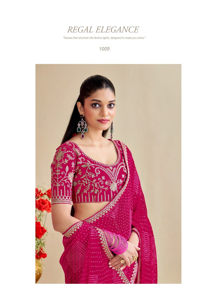 Premium Georgette Bandhani Print Saree with Sequin Embroidery Border &amp; Heavy Designer Blouse -PINK