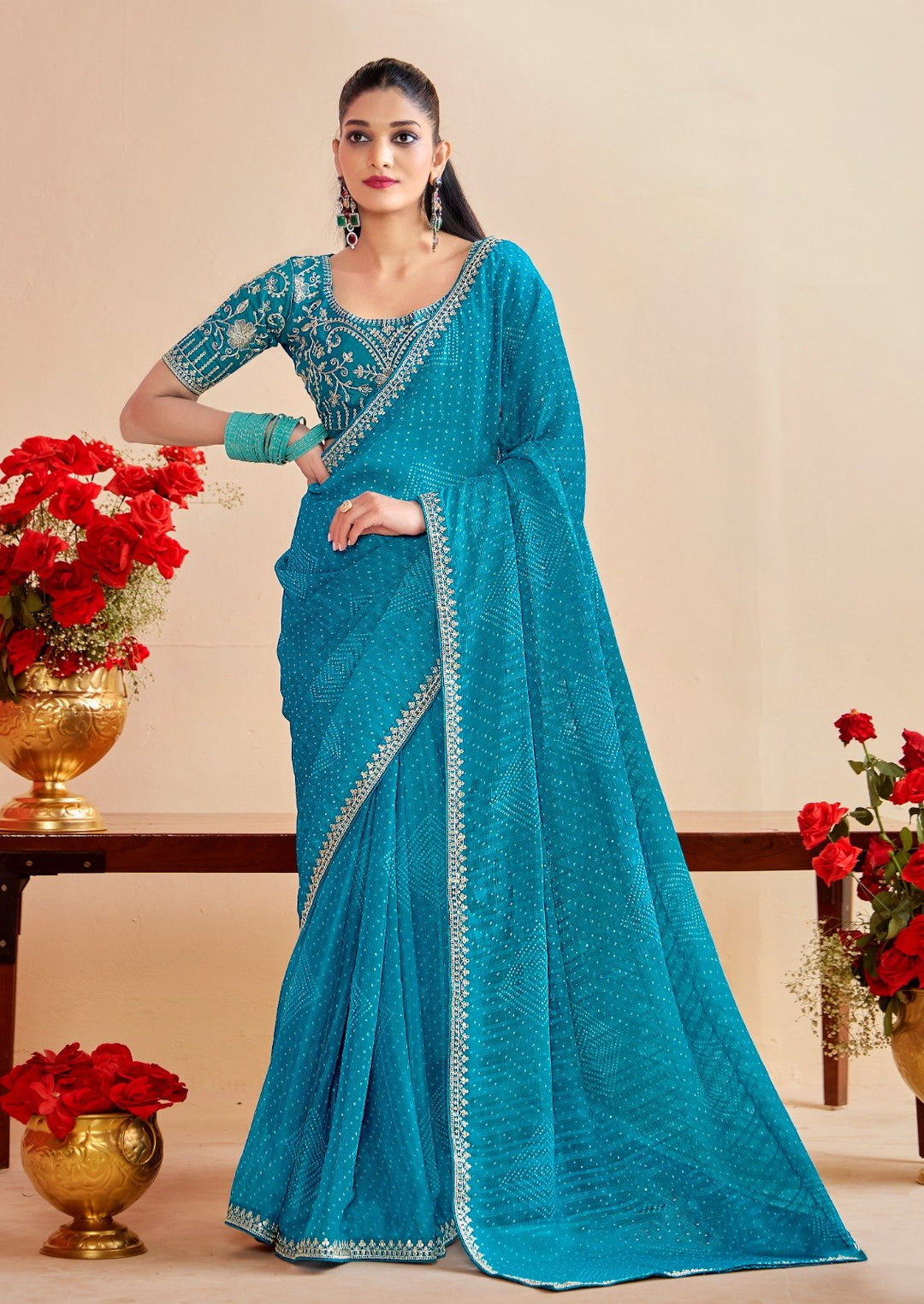 Premium Georgette Bandhani Print Saree with Sequin Embroidery Border &amp; Heavy Designer Blouse -SKY BLUE