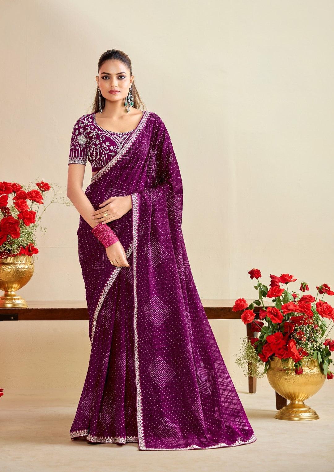 Premium Georgette Bandhani Print Saree with Sequin Embroidery Border &amp; Heavy Designer Blouse - WINE