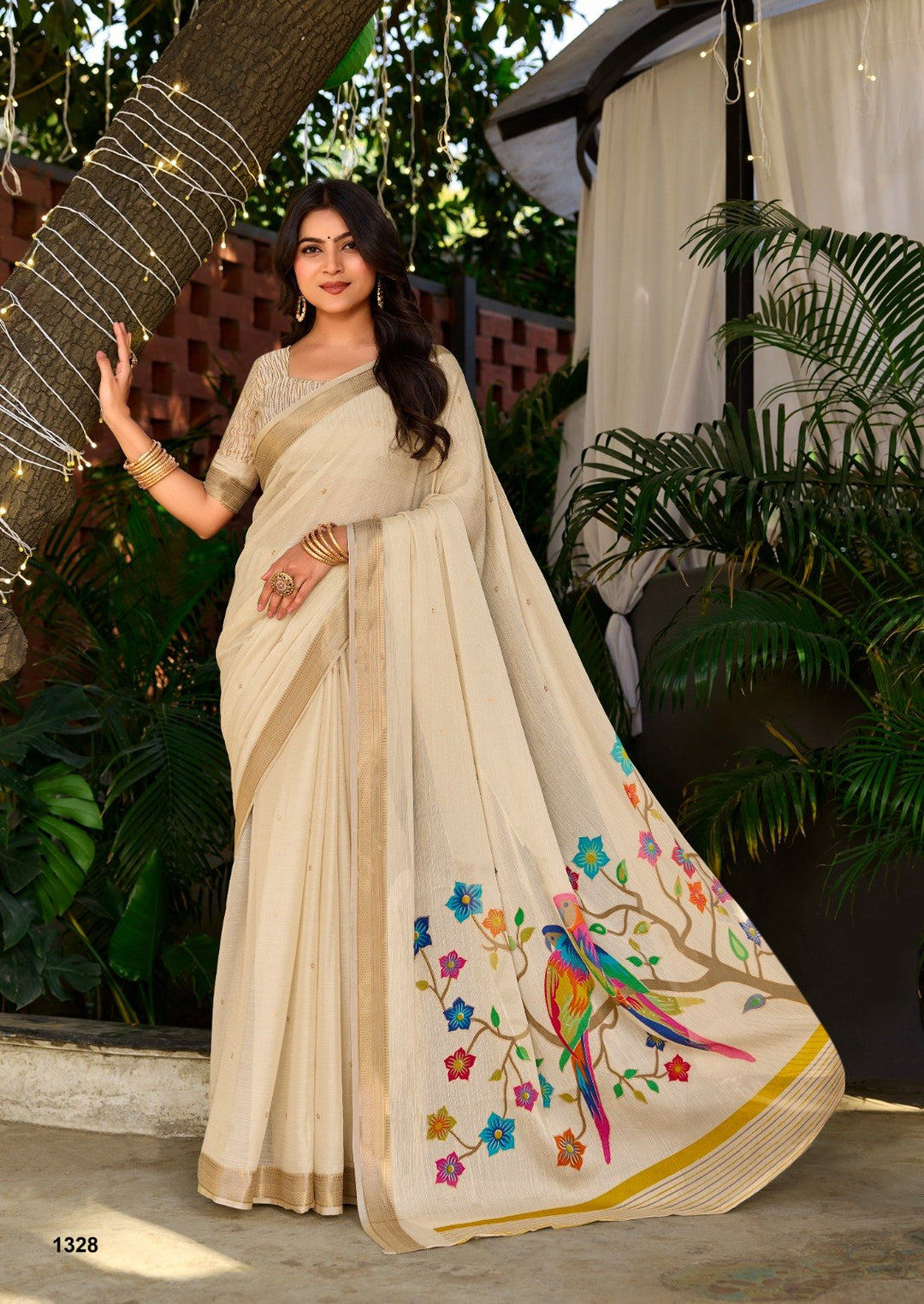Premium Chinno Viscose Saree with Zari Butti &amp; Parrot Foil Pallu – Elegant Designer Collection