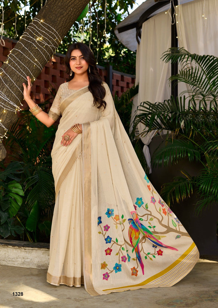 Premium Chinno Viscose Saree with Zari Butti &amp; Parrot Foil Pallu – Elegant Designer Collection