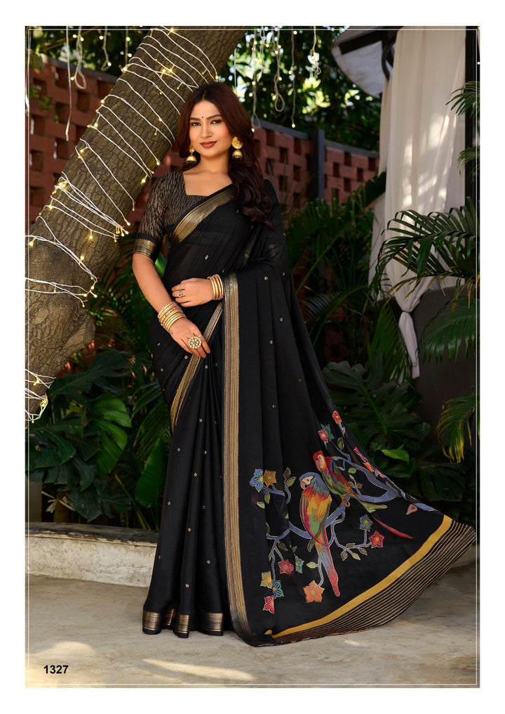 Premium Chinno Viscose Saree with Zari Butti &amp; Parrot Foil Pallu – Elegant Designer Collection
