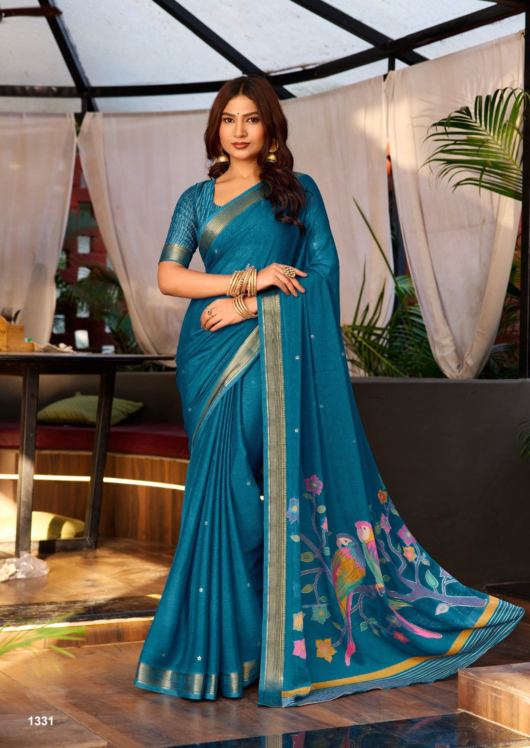 Premium Chinno Viscose Saree with Zari Butti &amp; Parrot Foil Pallu – Elegant Designer Collection