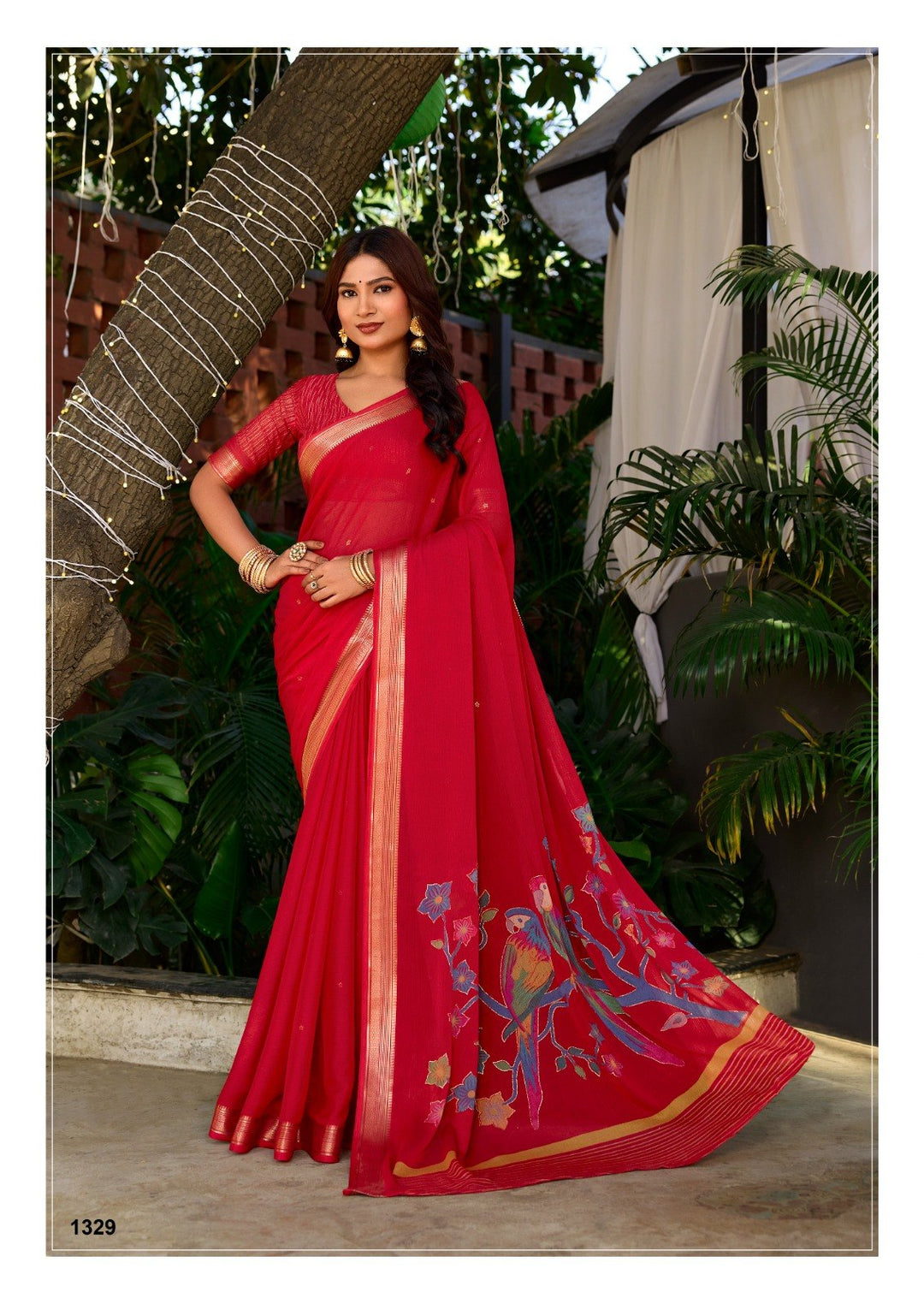 Premium Chinno Viscose Saree with Zari Butti &amp; Parrot Foil Pallu – Elegant Designer Collection