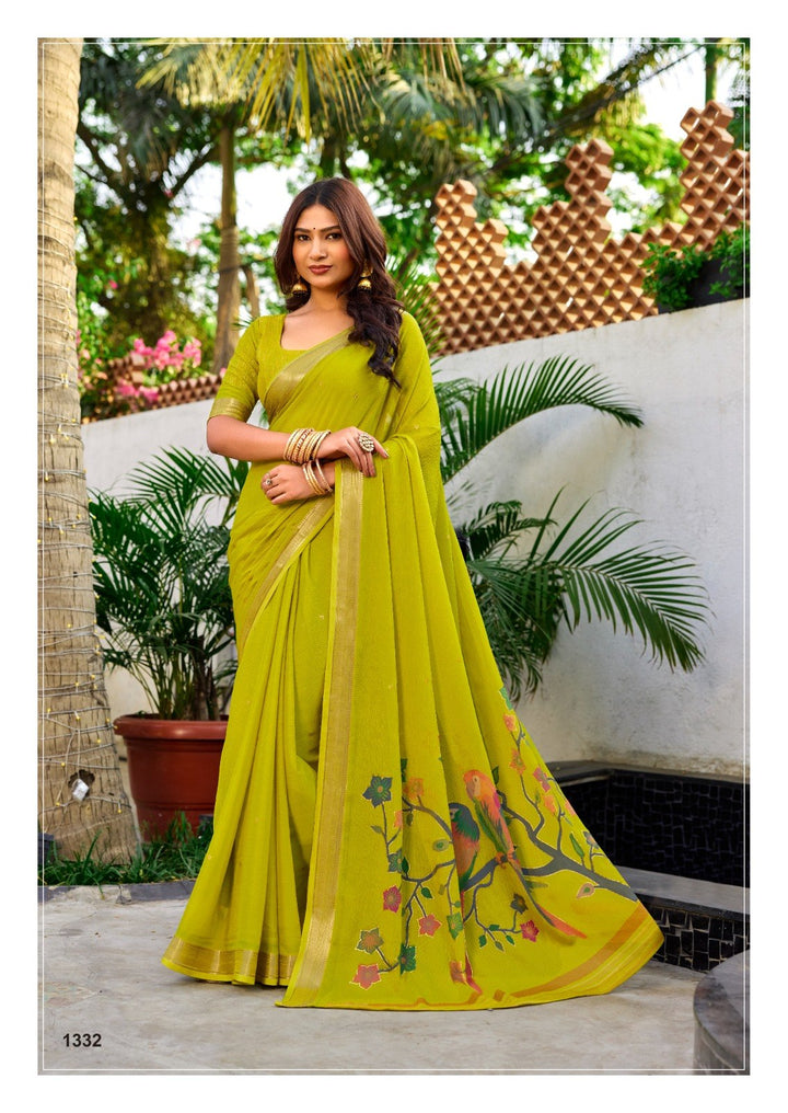 Premium Chinno Viscose Saree with Zari Butti &amp; Parrot Foil Pallu – Elegant Designer Collection