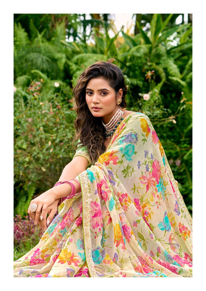 Graceful Floral Chiffon Saree with Zari Weaving &amp; Cutwork Embroidery Border - GREEN