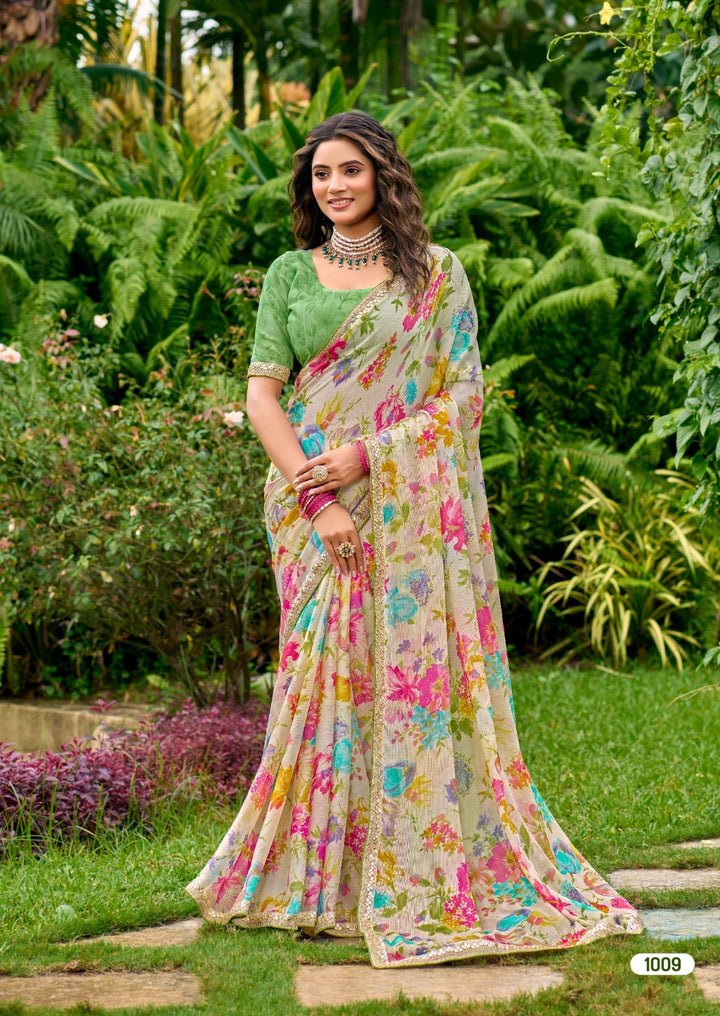 Graceful Floral Chiffon Saree with Zari Weaving &amp; Cutwork Embroidery Border - GREEN