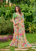 Graceful Floral Chiffon Saree with Zari Weaving & Cutwork Embroidery Border - GREEN