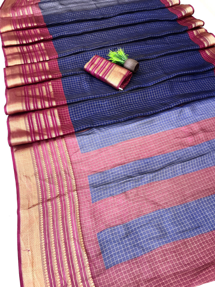 Elegant Two-Tone Premium Dolla Checks Saree With Weaving Jacquard Border -BLUE