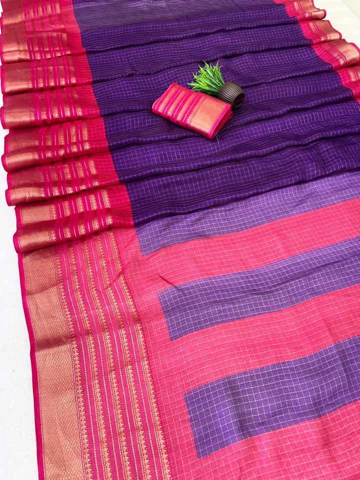 Elegant Two-Tone Premium Dolla Checks Saree With Weaving Jacquard Border -PURPLE AND PINK
