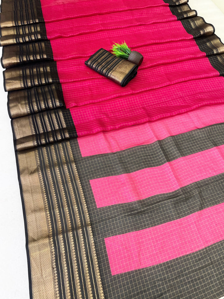 Elegant Two-Tone Premium Dolla Checks Saree With Weaving Jacquard Border - PINK AND BLACK