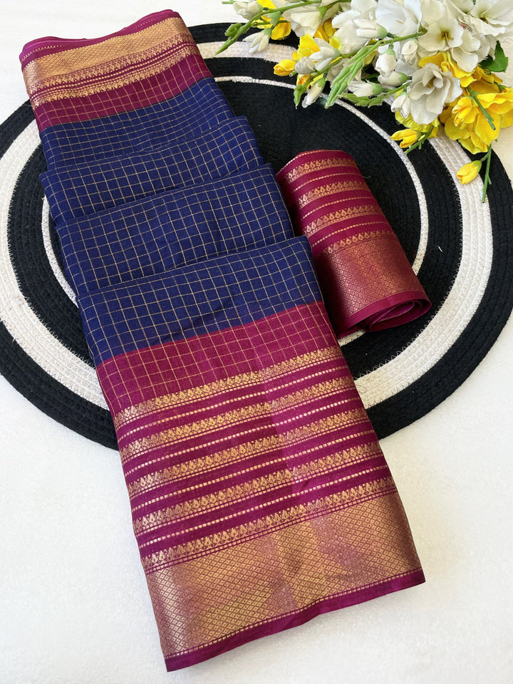Elegant Two-Tone Premium Dolla Checks Saree With Weaving Jacquard Border -BLUE
