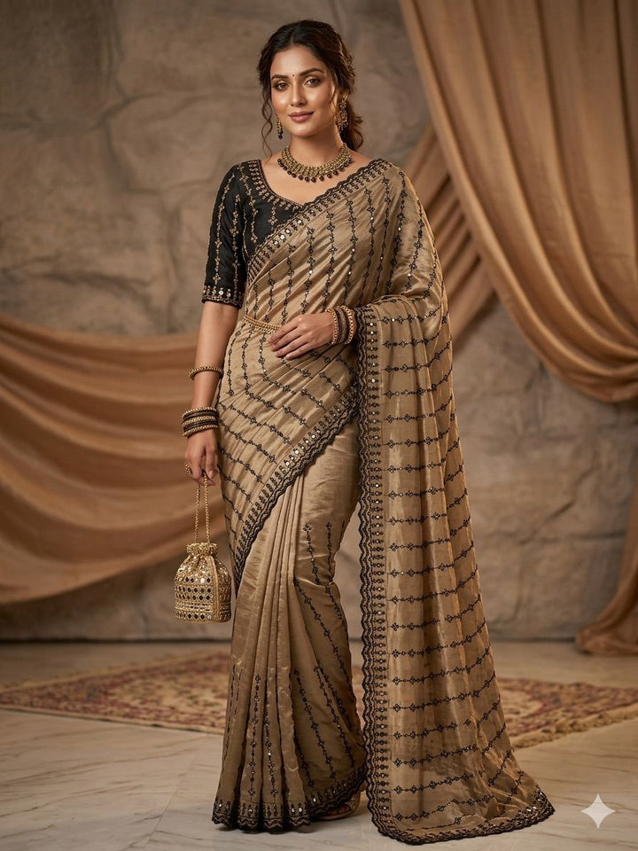 Elegant Beige &amp; Black Embroidered Saree with Designer Blouse