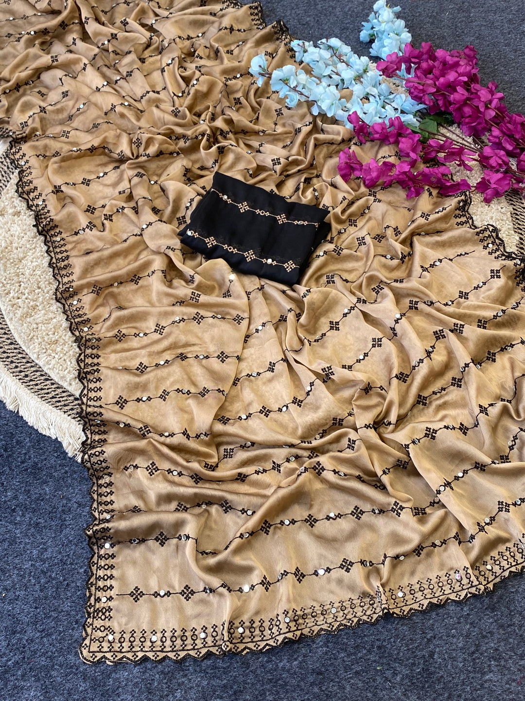 Elegant Beige &amp; Black Embroidered Saree with Designer Blouse