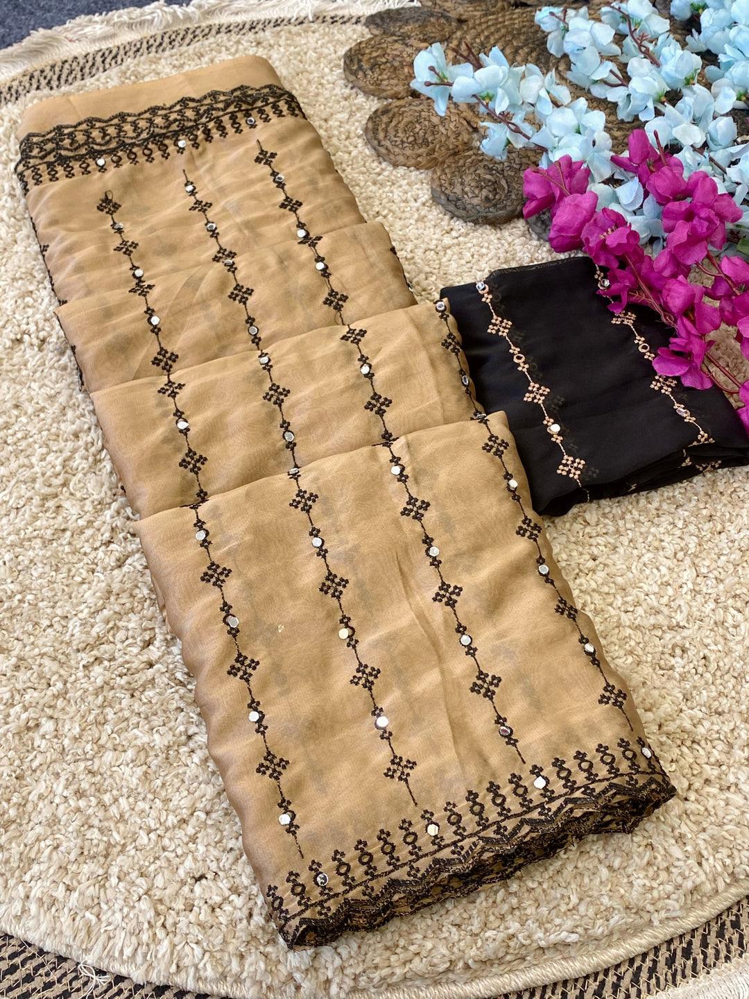 Elegant Beige &amp; Black Embroidered Saree with Designer Blouse