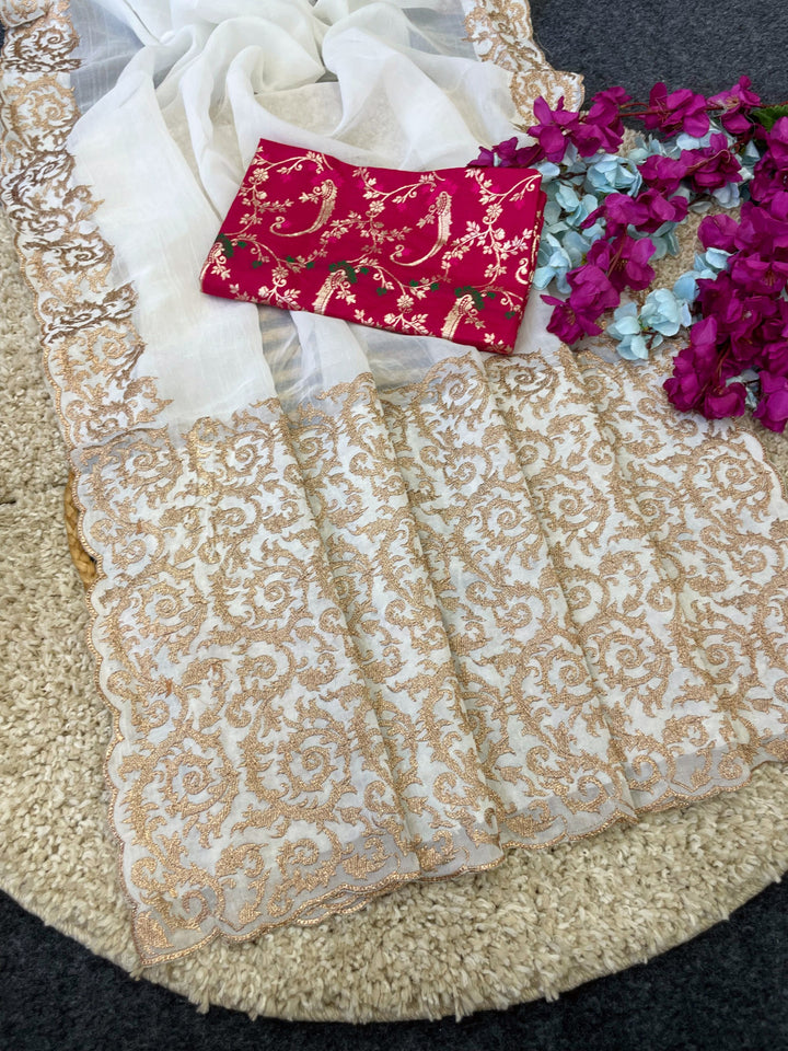 Royal Elegance Premium Crunchy Fabric Saree With Zari Embroidery Border &amp; Designer Woven Blouse