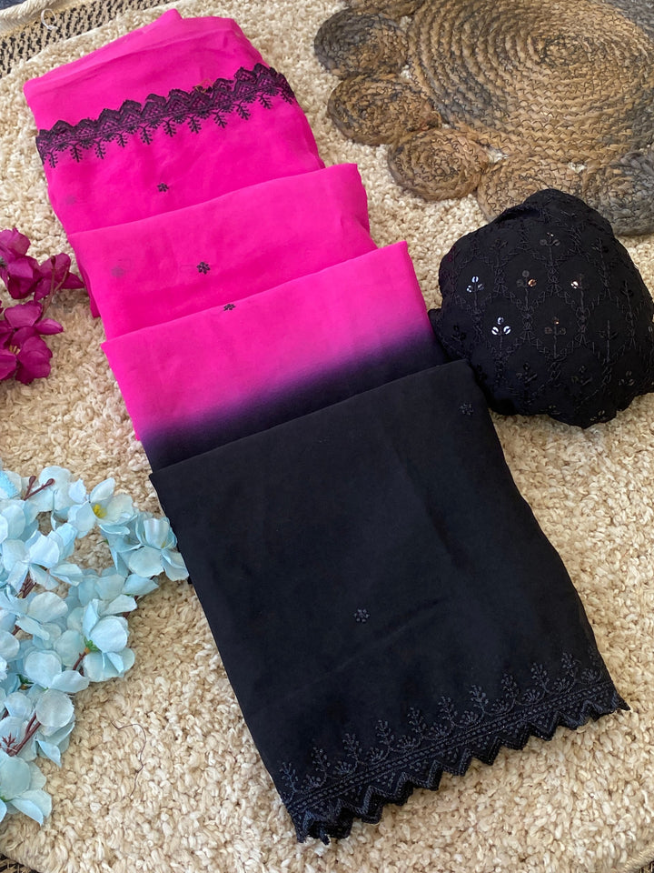 Premium Two-Tone Georgette Embroidery Saree with Thread &amp; Cut Work | Designer Sequins Saree with Contrast Blouse Piece