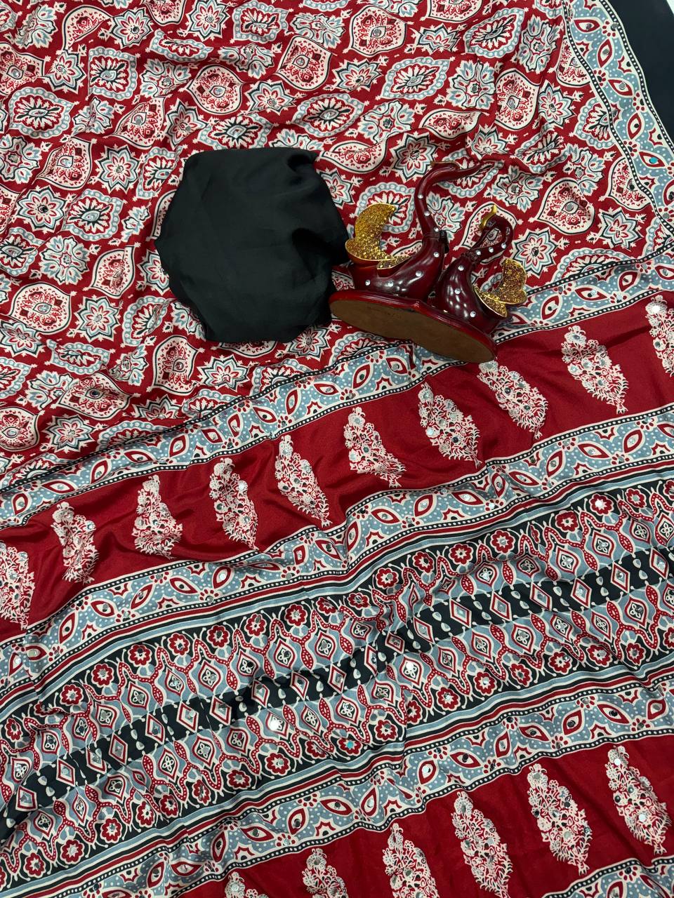 Zarika  ajrakh Mirror Silk Saree - Red