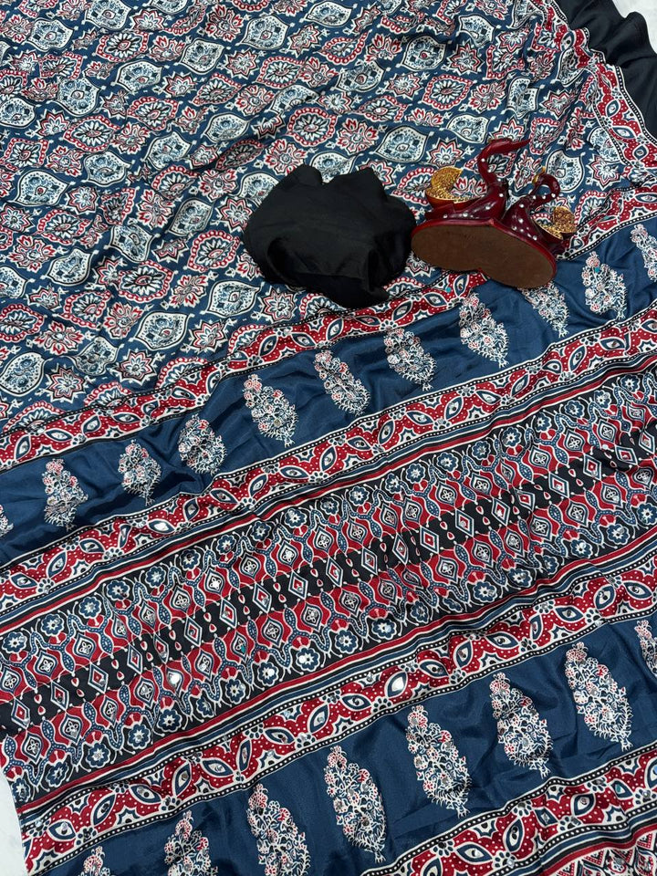 Zarika  ajrakh Mirror Silk Saree - Blue