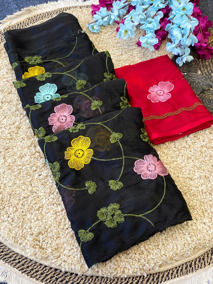 Celestial Bloom Premium Star Georgette Embroidery Saree With Contrast Designer Blouse - BLACK