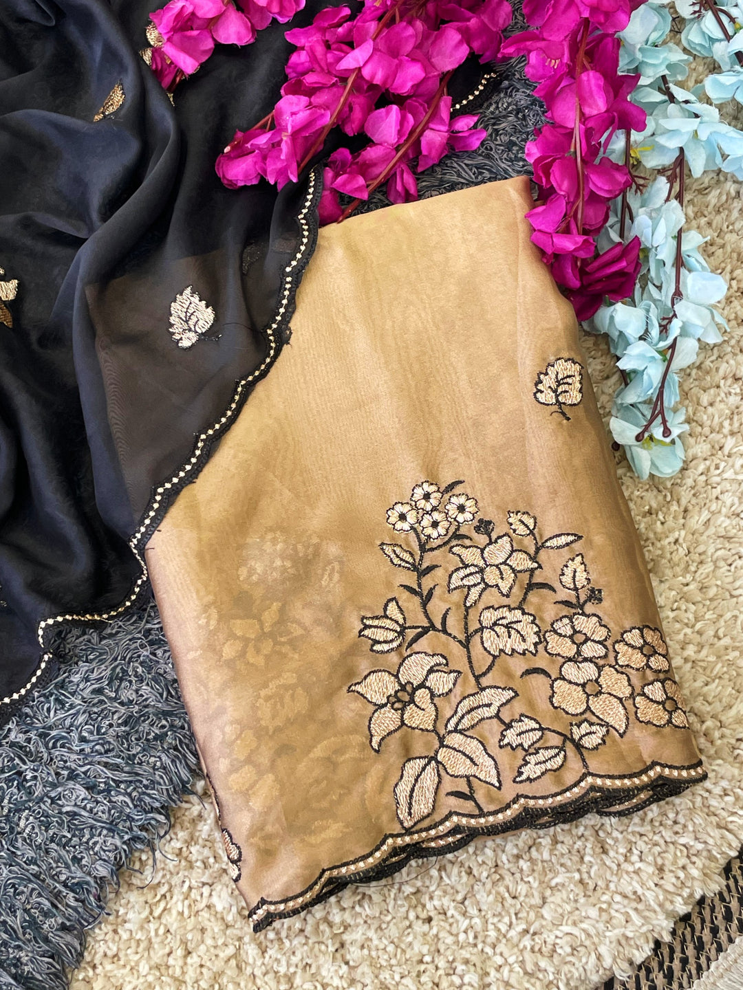 Elegance Premium Rangoli Silk Saree with Floral Zari Embroidery &amp; Designer Blouse - GOLD