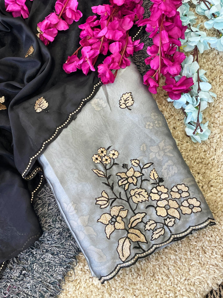 Elegance Premium Rangoli Silk Saree with Floral Zari Embroidery &amp; Designer Blouse - GRAY