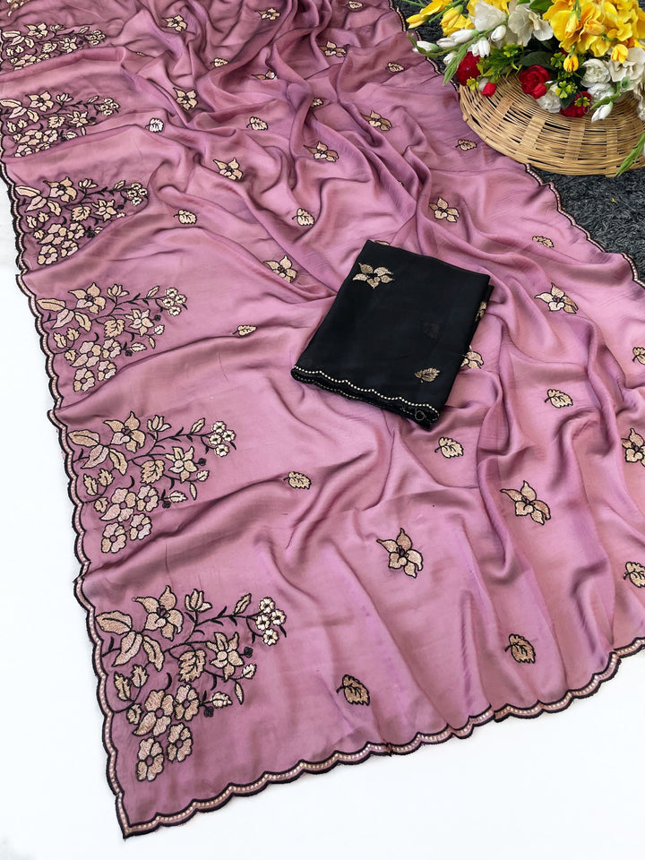 Elegance Premium Rangoli Silk Saree with Floral Zari Embroidery &amp; Designer Blouse - PINK