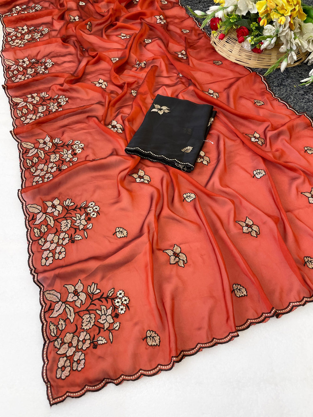 Elegance Premium Rangoli Silk Saree with Floral Zari Embroidery &amp; Designer Blouse -ORANGE