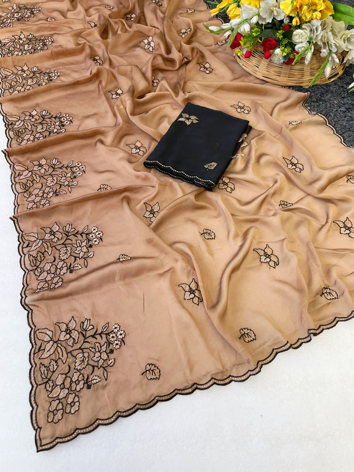 Elegance Premium Rangoli Silk Saree with Floral Zari Embroidery &amp; Designer Blouse - GOLD