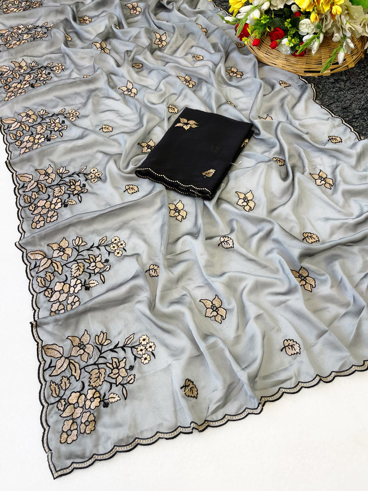 Elegance Premium Rangoli Silk Saree with Floral Zari Embroidery &amp; Designer Blouse - GRAY