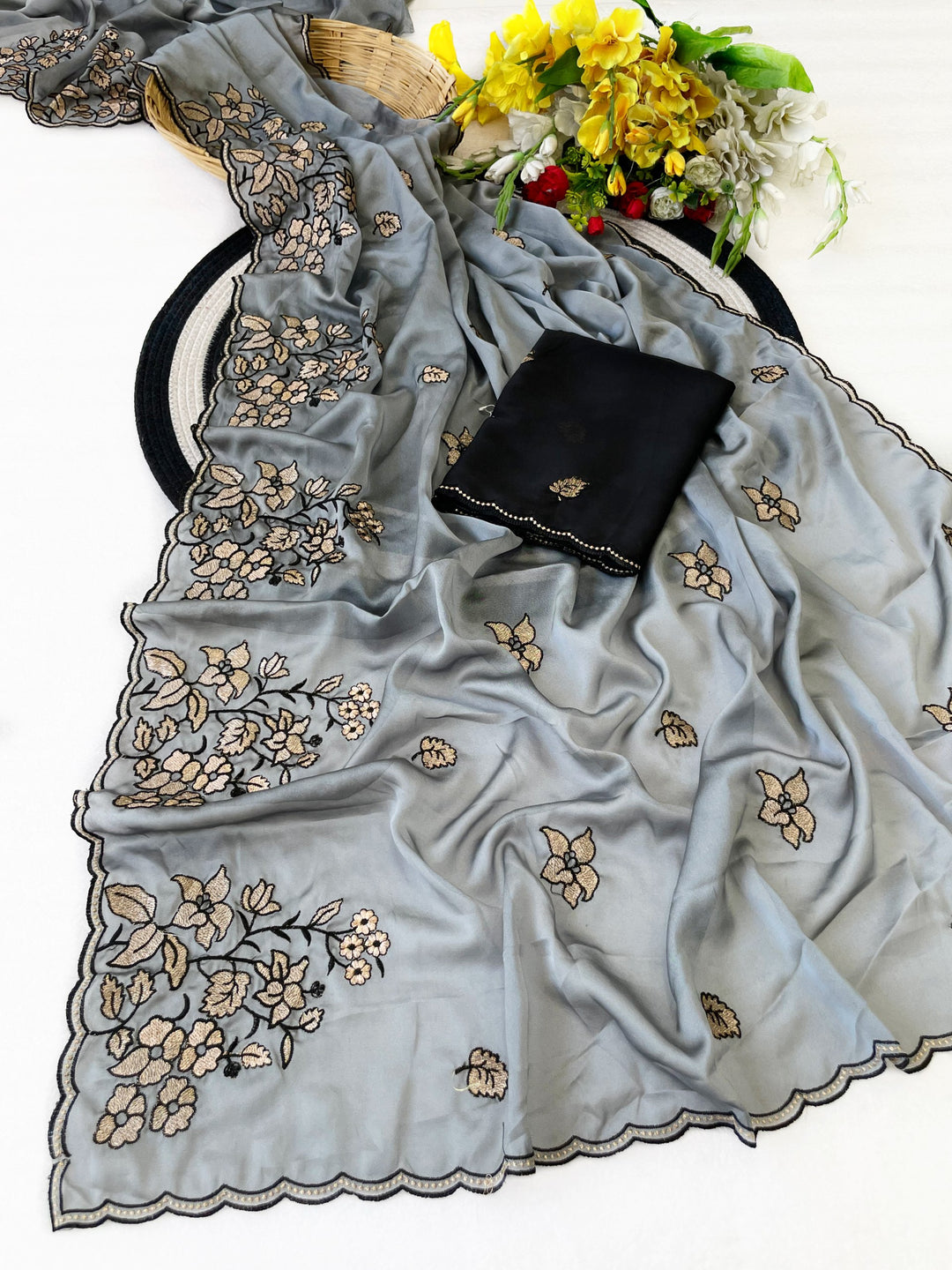 Elegance Premium Rangoli Silk Saree with Floral Zari Embroidery &amp; Designer Blouse - GRAY
