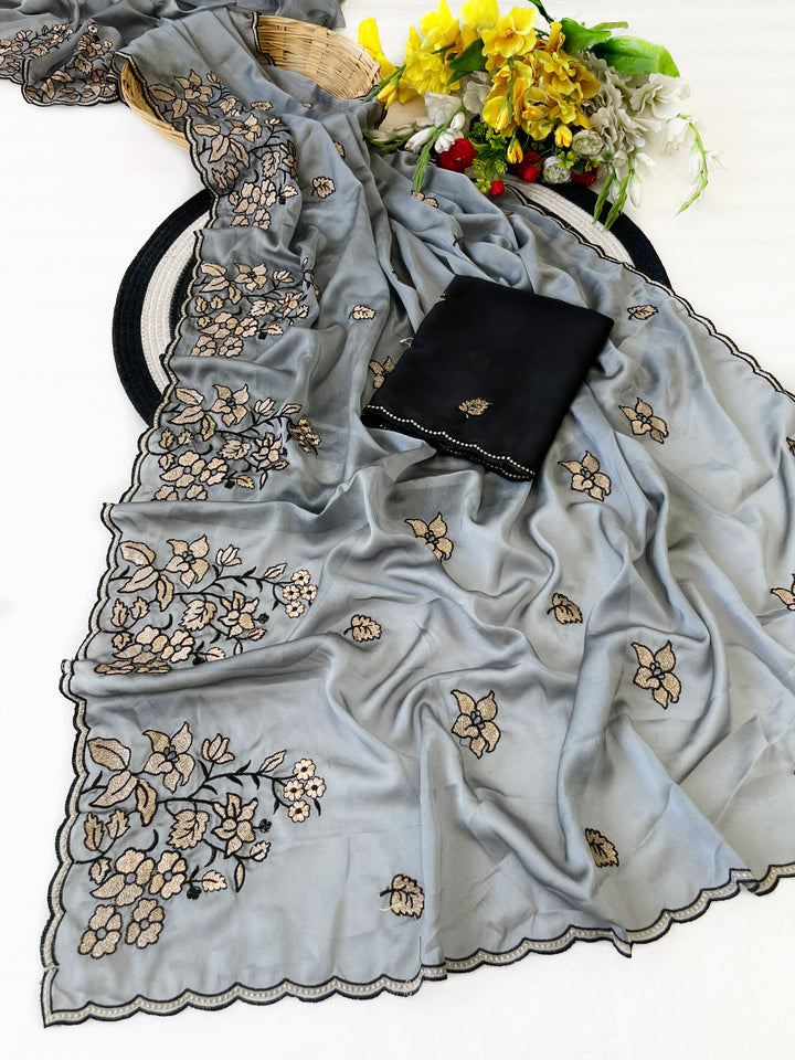 Elegance Premium Rangoli Silk Saree with Floral Zari Embroidery &amp; Designer Blouse - GRAY