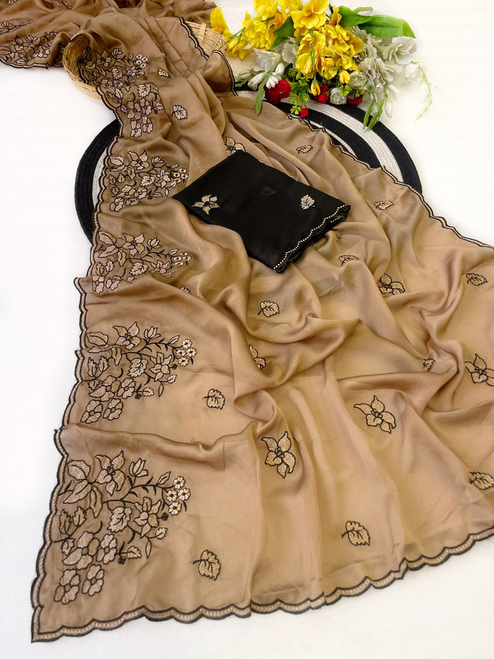 Elegance Premium Rangoli Silk Saree with Floral Zari Embroidery &amp; Designer Blouse - GOLD