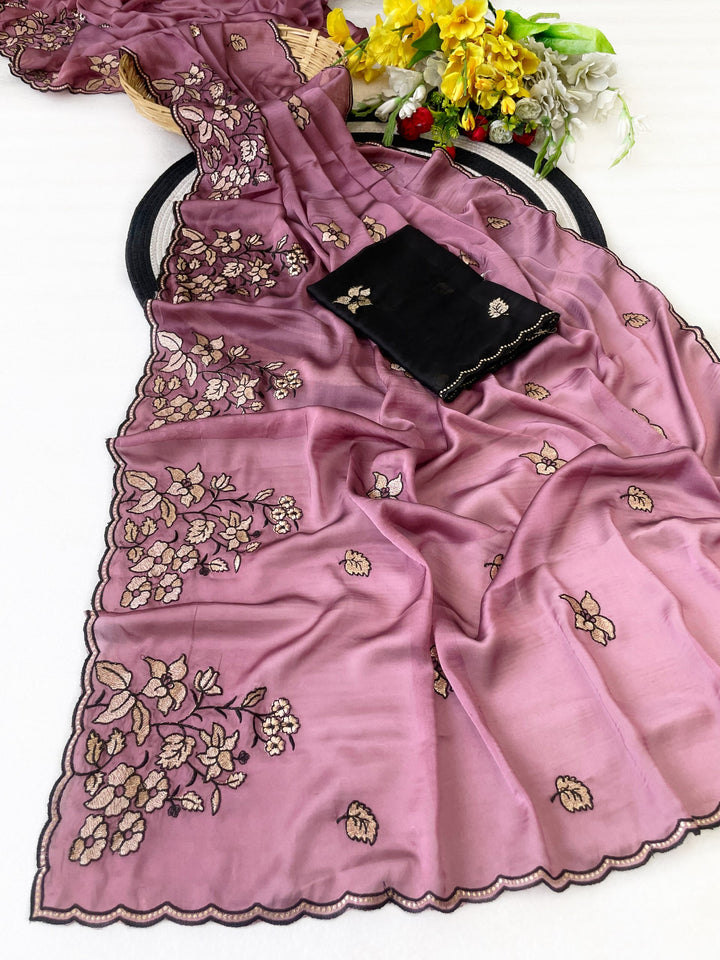 Elegance Premium Rangoli Silk Saree with Floral Zari Embroidery &amp; Designer Blouse - PINK