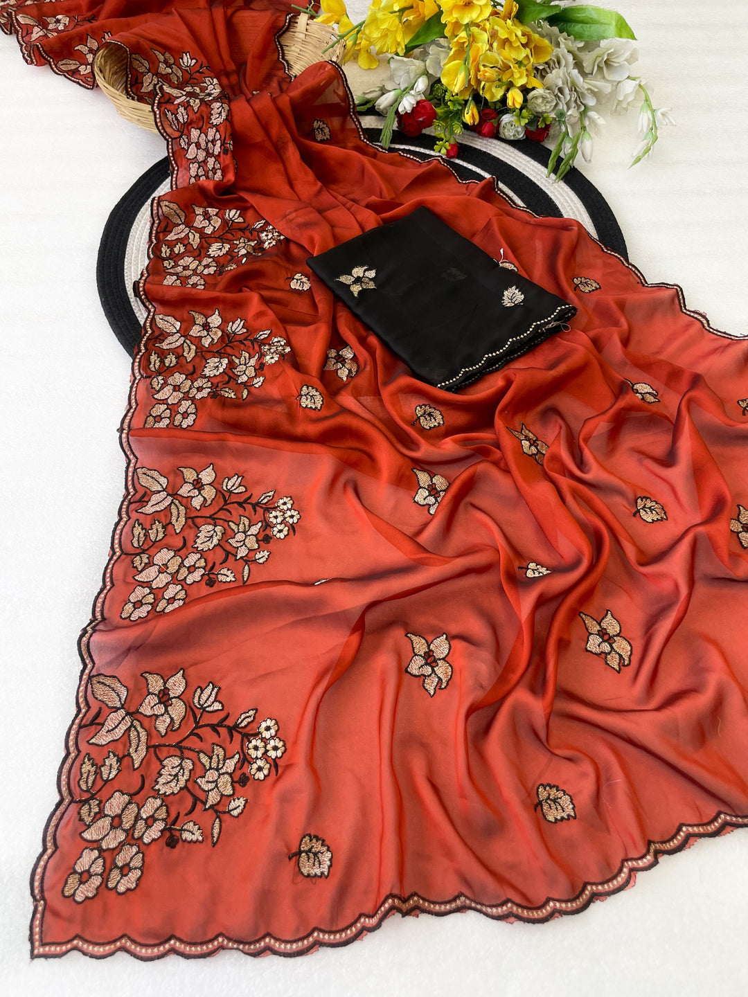 Elegance Premium Rangoli Silk Saree with Floral Zari Embroidery &amp; Designer Blouse -ORANGE