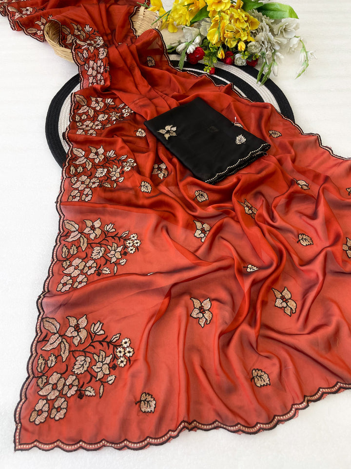 Elegance Premium Rangoli Silk Saree with Floral Zari Embroidery &amp; Designer Blouse -ORANGE